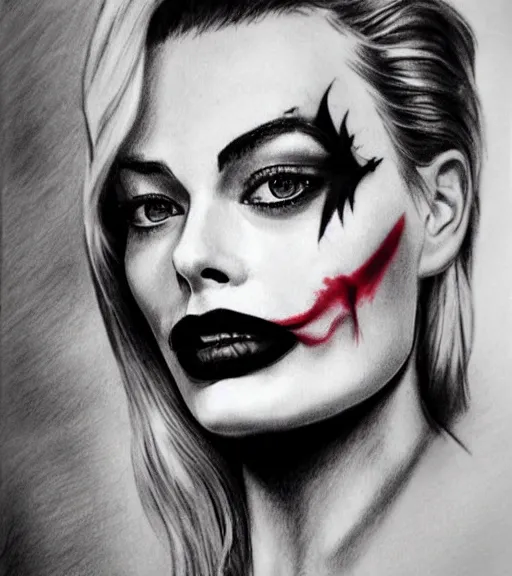 Image similar to tattoo design sketch of beautiful margot robbie portrait with joker makeup, in the style of den yakovlev, realistic face, black and white, realism tattoo, hyper realistic, highly detailed, beautiful drawing