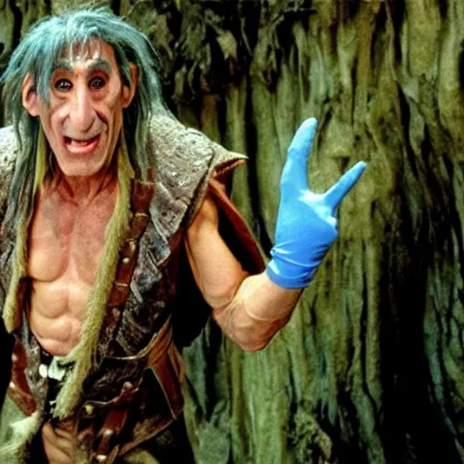 Image similar to Anthony fauci as Hoggle from Movie the Labyrinth. Wearing blue gloves.