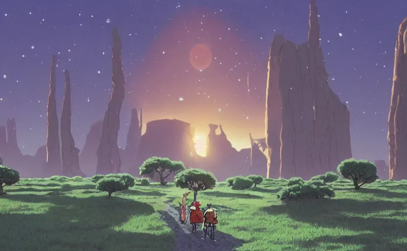 Image similar to a realistic cell - shaded studio ghibli concept art from paprika ( 2 0 0 6 ) of a flying multi - colored rocketship from close encounters of the third kind ( 1 9 7 7 ) in a flooded monument valley stonehenge jungle with giant trees on a misty starry night. a camel caravan is in the foreground. very dull colors, portal, hd, 4 k, hq