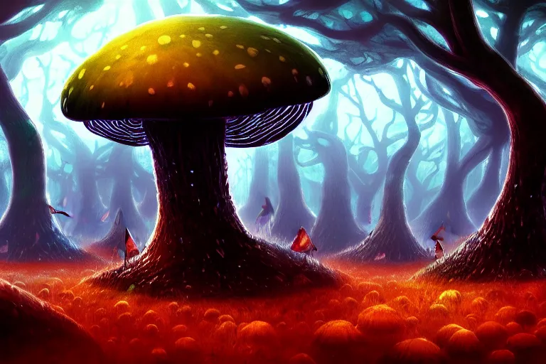 Image similar to a giant mushroom forest in the style of Anato Finnstark concept art, 4K, UHD, High quality, Trending on Artstation HQ