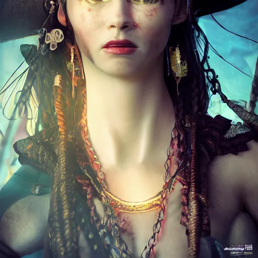 Prompt: full body pose, hyperrealistic photograph of a stunning pirate woman, dim volumetric lighting, 8 k, octane beautifully detailed render, extremely hyper detailed, intricate, epic composition, cinematic lighting, masterpiece, trending on artstation, very very detailed, stunning, hdr, smooth, sharp focus, high resolution, award, winning photo, dslr, 5 0 mm