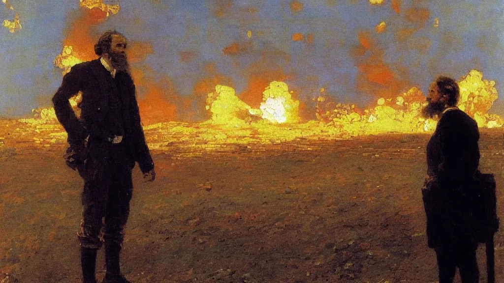 Image similar to high quality high detail painting by ilya repin, man standing in front of huge explosion, hd