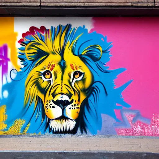 Image similar to wall with graffiti, splash painting of a lion by depose