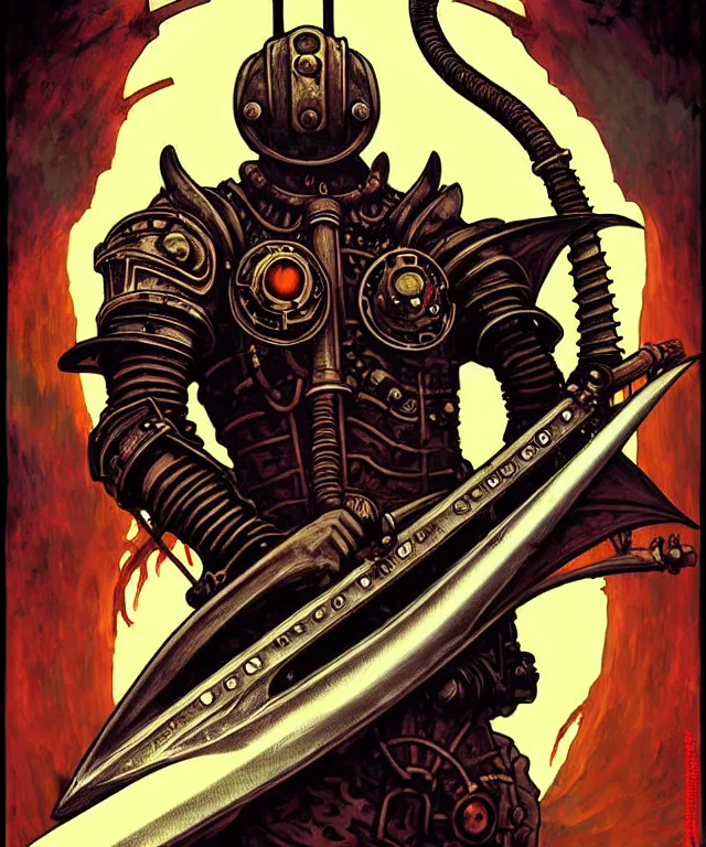 Image similar to the dragonslayer lava knight of the nuclear steampunk submarine with a white sword of bone character fantasy art concept sci - fi, cinematic photograph vividly detailed digital painting by greg rutkowsky, by alphonse mucha, by android jones, by h. r. giger, by max chroma, by peter moorbacher