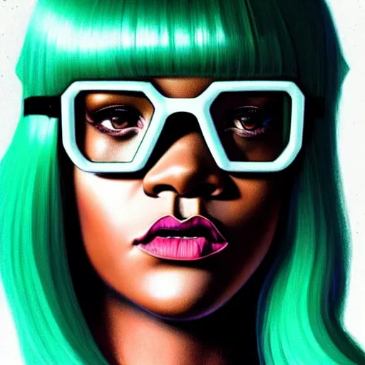 Prompt: Rihanna wearing opaque reflective goggles profile picture by Greg Rutkowski, green Bob wig, asymmetrical, futuristic, volumetric lights, streetwear, studio ghibli, Organic Painting , Matte Painting, geometric shapes, hard edges, trending on the artstation, fantasy LUT, realistic by Sachin Teng + Martin Grip + Moebius + Patrick Gleason, smooth, sharp focus, illustration, art by John Collier and Albert Aublet and Krenz Cushart and Artem Demura and Alphonse Mucha, techwear, Industrial Scifi, detailed illustration, character portrait,