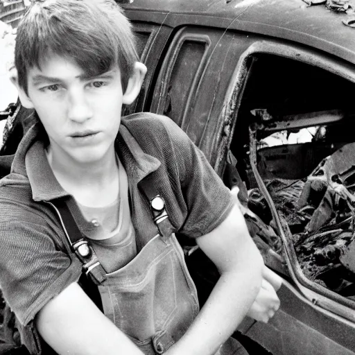 Image similar to close up headshot of a swiss teen as a skinny high-fantasy elf with a long face narrow chin and spiky blonde hair wearing dark brown overalls and holding a bomb next to a destroyed car, high resolution film still, HDR color