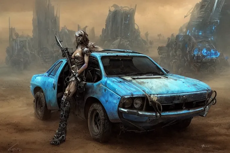 Image similar to a Dacia 1310, in Mad Max style, coriolios rpg art style, full of details, dark sci-fi, cold blue colors, matte painting, artstation, 8k, hyperrealistic, style of peter mohrbacher