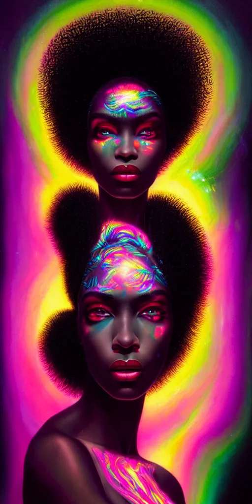 Image similar to hyperrealistic close-up of beautiful black woman with white hair and iridescent gold skin hannah yata dramatic neon lighting