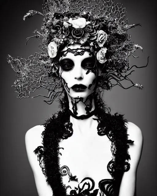 Image similar to surreal dark poetic black and white photo portrait of complex bio-mechanical beautiful young silver female vegetal-cyborg with a fur metal fine lace face, a very long neck and a fine metal floral foliage super big gothic lace collar and high floral crown by Vivienne Westwood:: smoke, high fashion, haute couture, rococo, avant-garde, dry black roses, silver filigree details, anatomical, facial muscles, cable wires, microchip, elegant, dreamy, foggy atmosphere, hyper realistic, 150 mm lens, soft rim light, octane render, unreal engine, picture was taken in 1910 by Man Ray, volumetric lighting, dramatic light,8k,