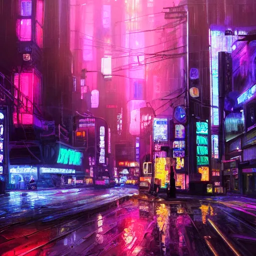 Image similar to an impressionist oil painting of a cyberpunk city with a lot of neon signs, highly detailed, texture, masterpiece, trending on artstation, pink, purple, huge scale, beautiful