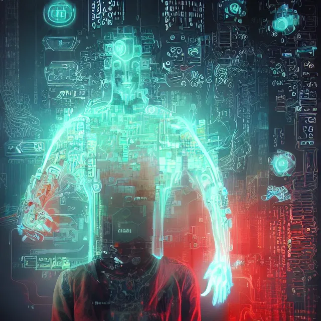 Image similar to a malevolent digital intelligence, portrait of a digital consciousness, glowing digital runes, motherboard circuitry, red eyes, hi tech, futurism, rhads!!!, james gurney, ( art fitzpatrick ), ( asaf hanuka ), ( ( barclay shaw ) ), ominous, saturday morning cartoon, clean linework, western animation