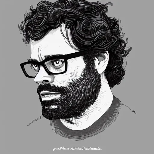 Prompt: detailed portrait of bearded jemaine clement in circular wireframe glasses, cursed, disheveled man, magnificent, photographic realistic background, by james gilleard, by joe fenton, by kaethe butcher, trending on instagram, award winning details