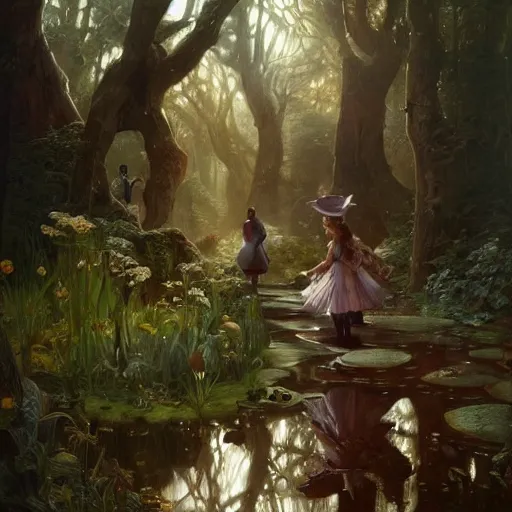 Prompt: alice in wonderland, magical forest, dramatic lighting, high detail, painted, by greg rutkowski, painted by stanley artgerm, painted by alphonse mucha, trending on artstation