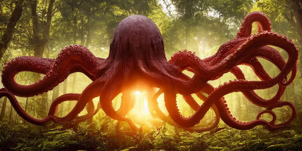 Prompt: a highly detailed giant octopus god floating in the middle of a forest, beautiful ambient light, sun rays hitting the slightly translucent creature, his are are black, golden hour, 8k photography