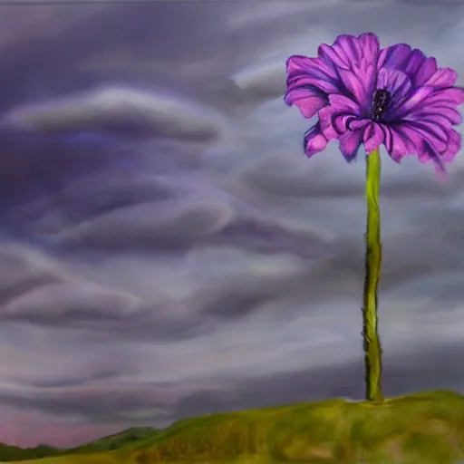 Image similar to ultra realistic painting of a dark cloudy sky over a purple alien flower