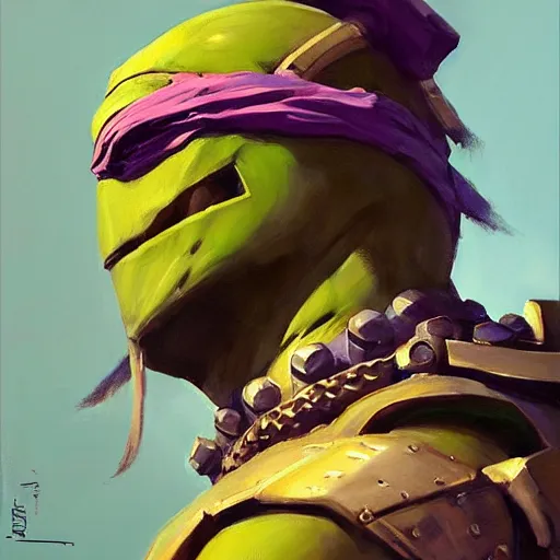 Prompt: greg manchess portrait painting of armored donatello of tmnt as overwatch character, medium shot, asymmetrical, profile picture, organic painting, sunny day, matte painting, bold shapes, hard edges, street art, trending on artstation, by huang guangjian and gil elvgren and sachin teng