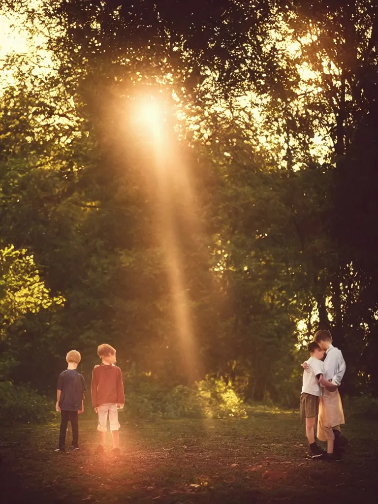 Prompt: a boy and a girl side by side, posing for a picture, a strong light behind their faces, god rays, nostalgic, night, some trees in the background, old polaroid, dramatic reddish light, atmospheric