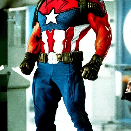 Prompt: Arnold Schwarzenegger playing Captain America on The Avengers