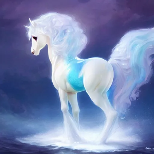 Image similar to a fantastical translucent poney made of water and foam,, ethereal, hyperalism, cute, scottish folklore, digital painting, artstation, concept art, smooth, 8 k frostbite 3 engine, ultra detailed, art by artgerm and greg rutkowski and magali villeneuve