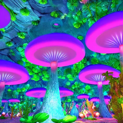 Prompt: jello Mushrooms covering the inside of prismatic jungle, fairy dust in the air, unreal engine