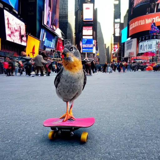 Image similar to a bird on a skateboard in times square