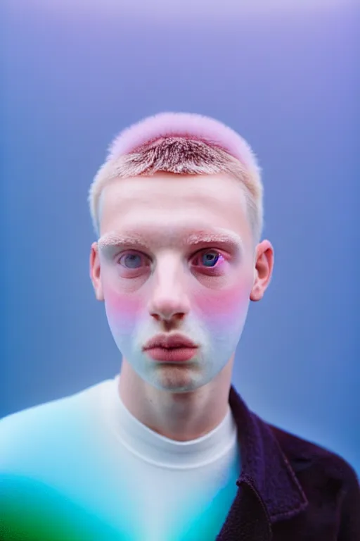 Image similar to high quality pastel coloured film mid angle portrait photograph of a beautiful young 2 0 year old male, soft features, short hair, perspex mask and oversized inflated clothing!!!! icelandic black! rock pool environment. atmospheric three point light. photographic. art directed. ( pastel colours ). volumetric. clearcoat. waves. 8 k. filmic.