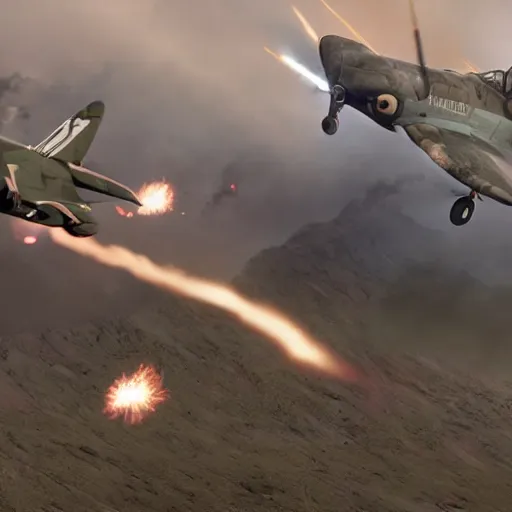 Prompt: an epic dogfight between a p 3 8 lightning, full color, 8 k cinematic photography, explosions in the background, parachutes, ultra realistic digital art, unreal engine, style of keith