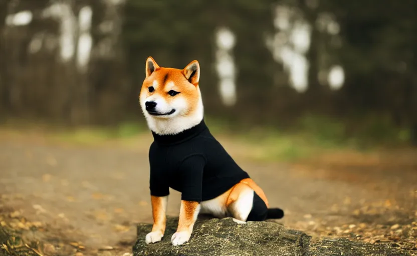 Prompt: a shiba inu wearing a a black turtle neck and wearing a black barret, bokeh, depth of feild, dslr photo