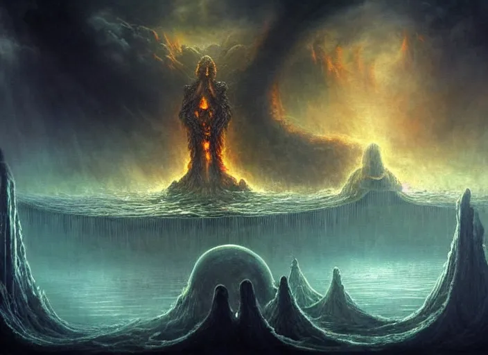 Prompt: underwater hell end of the world among crowd of lot of people, clouds, fire, demons, plants, bridge, buildings, people, serpent, strange creatures walking around, falling from sky, big titan creature in the center, splitting the sky and the ocean and the tall city, by vladimir kush and giger and zdzislaw