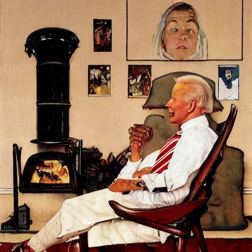 Image similar to a norman rockwell painting of the Joe Biden sitting in a chair, cozy fire, award winning,