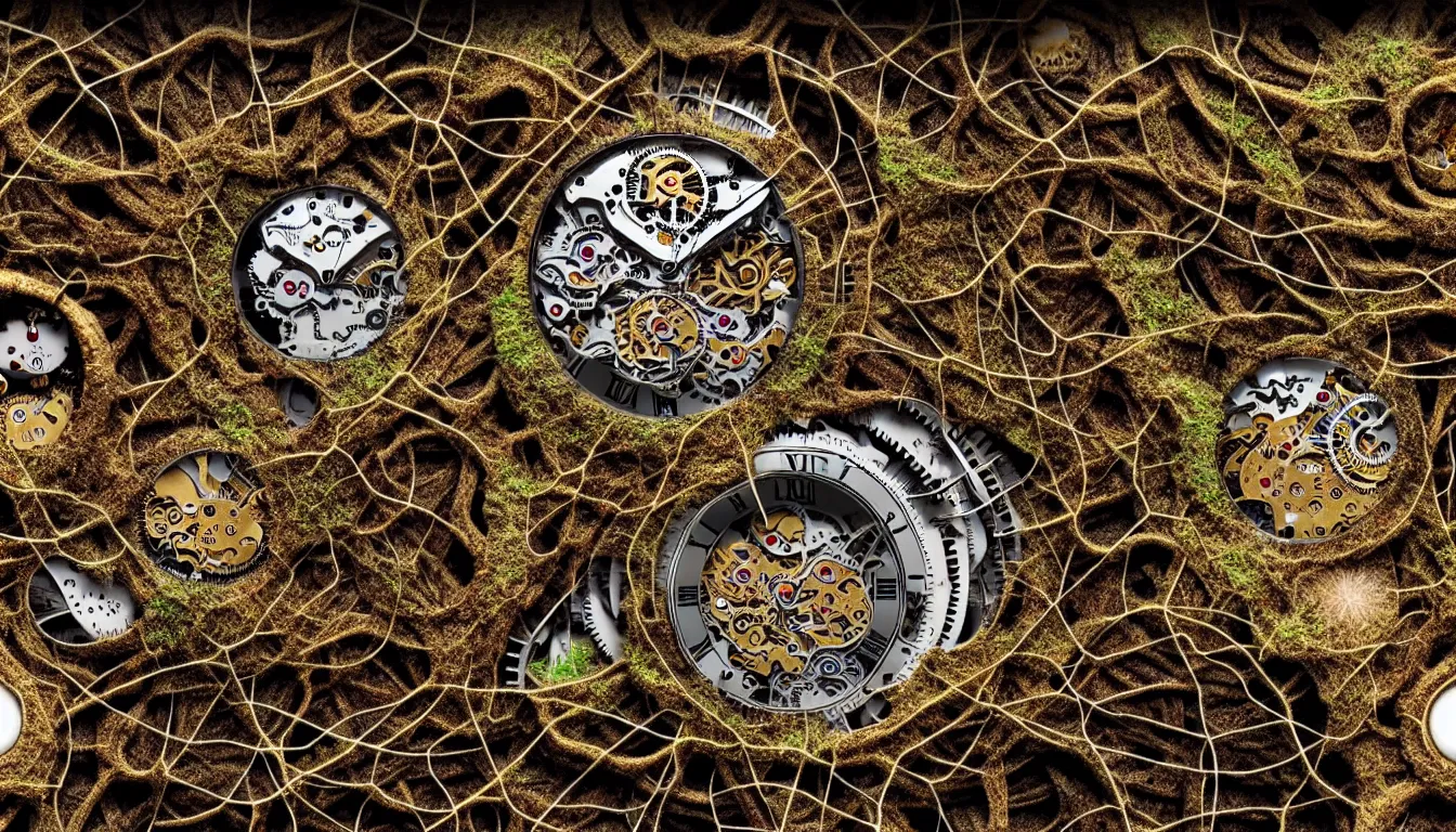 Image similar to detailed view from inside a clockwork watch landscape, entangled roots covered in mushrooms, cracked earth, living spore microorganisms, decaying, rusty, hyper realistic photo, full colour, upscale, 8 k