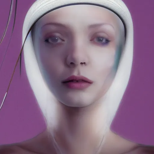 Prompt: a beautiful futuristic portrait with hat made by wires and white silk twisted around her face, necklace made by wires, design by leonardo davinci, inspired by egon schiele, modern art, baroque art jewelry, new classic, hyper realistic, cinematic composition, cinematic lighting, fashion design, concept art, hdri, 4 k -