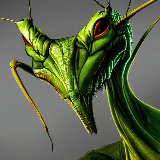 Prompt: stunning portrait of a green photorealistic mantis religiosa ; powerful front raptoriales ; hard predatory look ; d & d rogue ; flat triangle - shaped head with antennae ; concept art ; artstation ; 8 k ; wallpapers ; heavy contrast ; cinematic art ; cgsociety ; art by greg rutkowski and giger