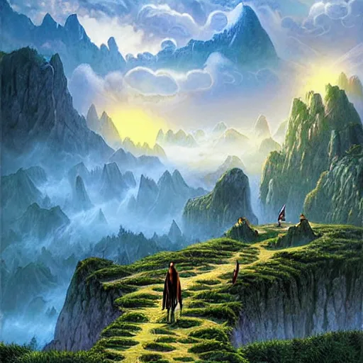 Prompt: ultra realistic illustration, epic fantasy landscape. dragonlance graphic art print by erol otus