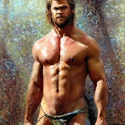 Image similar to Chris Hemsworth with a hairy!!!!! shredded!!!!! body type, painting by Gaston Bussiere, Craig Mullins