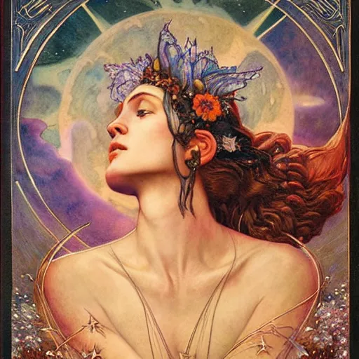 Prompt: queen of the moon with stars in her hair, by annie swynnerton and tino rodriguez and nicholas roerich and jean delville and donato giancola and tom bagshaw, dramatic lighting, floral tattoos, rich colors, smooth sharp focus, extremely detailed, adolf wolfli