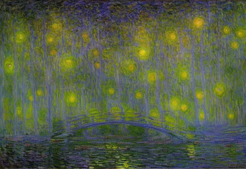 Image similar to Lothlorien at night, as painted by Claude Monet