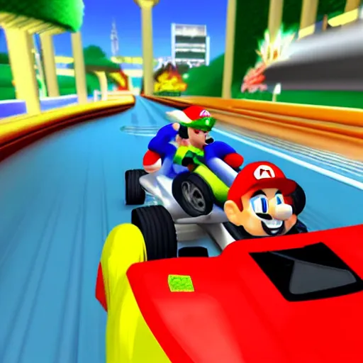 Image similar to video game screenshot of eminem in mario kart