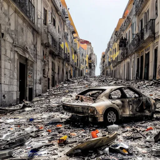 Prompt: lisbon in ruins, trash everywhere, destroyed buildings, cars on fire