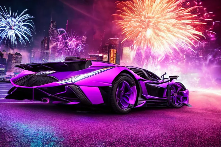 Image similar to hyper detailed purple lamborghini transformer, racing down a cyberpunk city street background, explosion background, fireworks 8 k photograph, dramatic lighting,