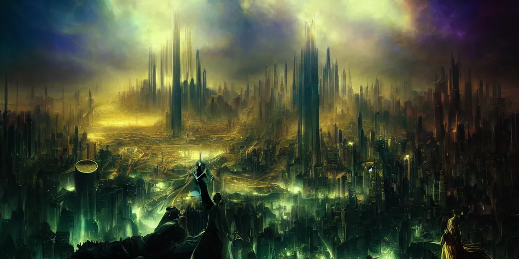 Prompt: vision of a future city, by Rolf Armstrong and Evelyn De Morgan and Bastien Lecouffe-Deharme, dramatic lighting, high contrast colors, baroque, empyrean, panoramic view, as trending on Artstation, highly detailed, doom engine,