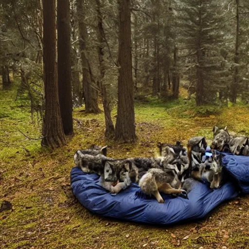 Image similar to a pack of wolves encircling a sleeping bag in a forest