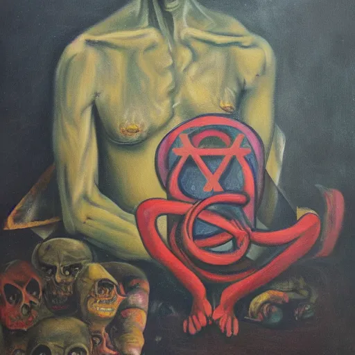 Image similar to portre of an autistic demon on acid, masonic and kabalistic symbols in background, oil painting