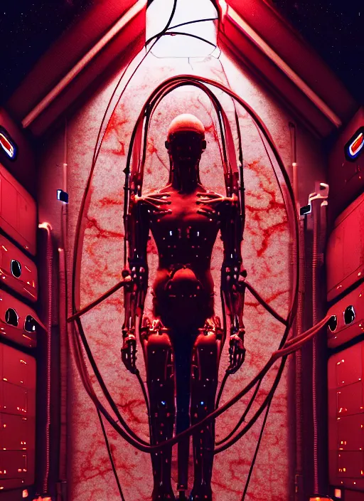 Prompt: space station exterior, a statue jesus on cross made of red marble, perfect symmetrical body, full body shot, inflateble shapes, wires, tubes, veins, white biomechanical, wearing epic bionic cyborg implants, masterpiece, intricate, biopunk, vogue, highly detailed, artstation, concept art, cyberpunk, octane render