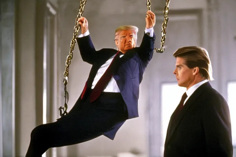 Prompt: movie still of donald trump in mission impossible, hanging from the ceiling, photograph, tv show, cinematic