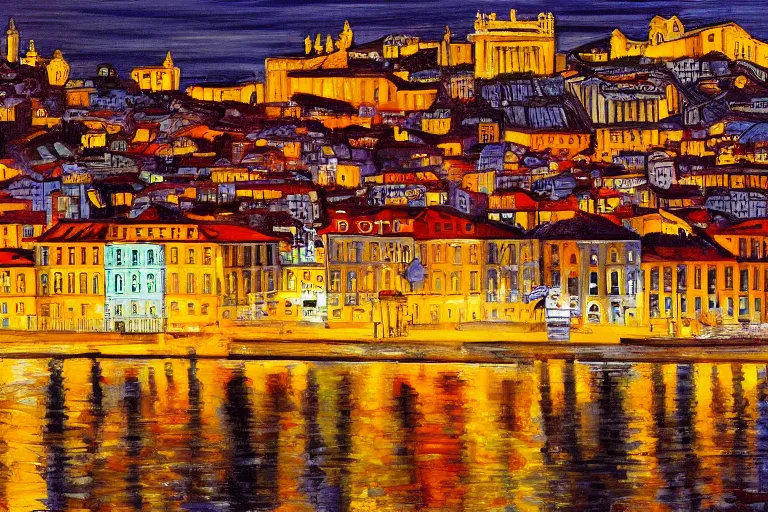 Prompt: lisbon city at night, art in the style of adriana molder