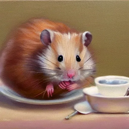 Prompt: hyper realistic oil painting of a hamster in a fancy place drinking a tea