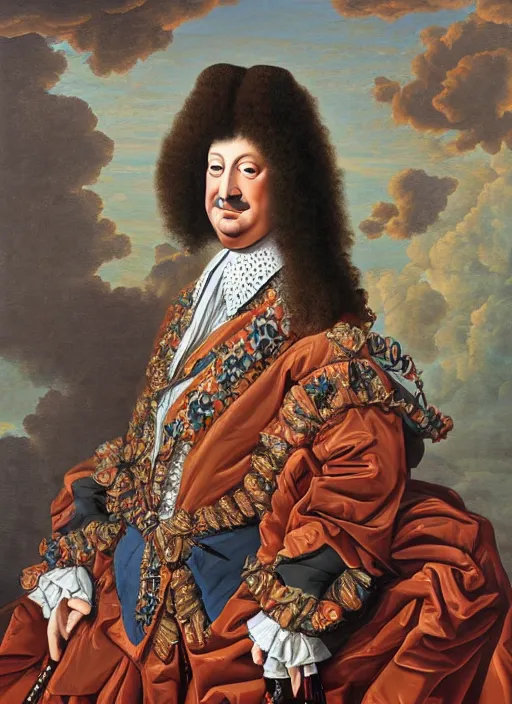 Image similar to beautiful oil painting portrait of Louis xiv of France in coronation robes by Dan Mumford, Alex grey, hyacinthe rigaurd 1701