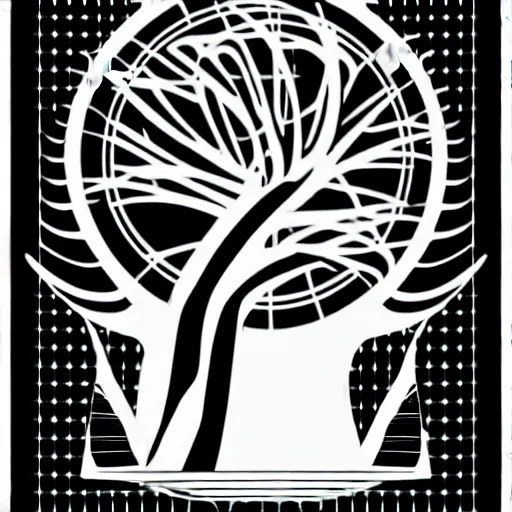 Image similar to black and white sci fi luxury themed svg vector art panel for cnc plasma, laser, stencil, unique art nouveau deco hole through circuit cedar tree design