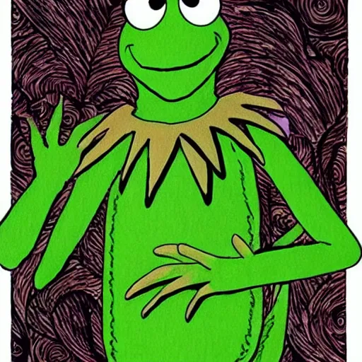 Prompt: Kermit the Frog from Sesame Street as a monster illustrated by Junji Ito
